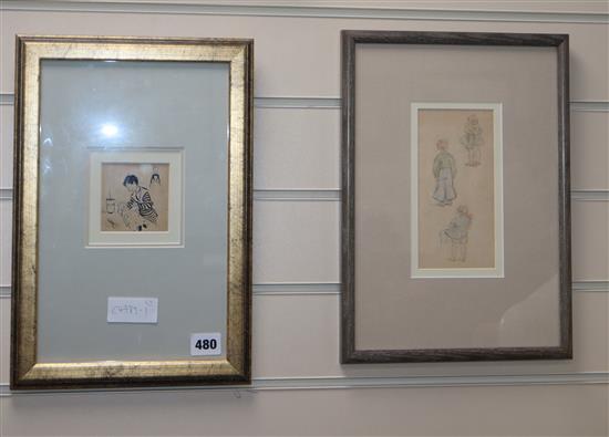 Olga Morgan, a pen and ink illustration of a child repairing a doll, 7 x 7cm and a sketch of a girl with a doll, 17 x 8cm